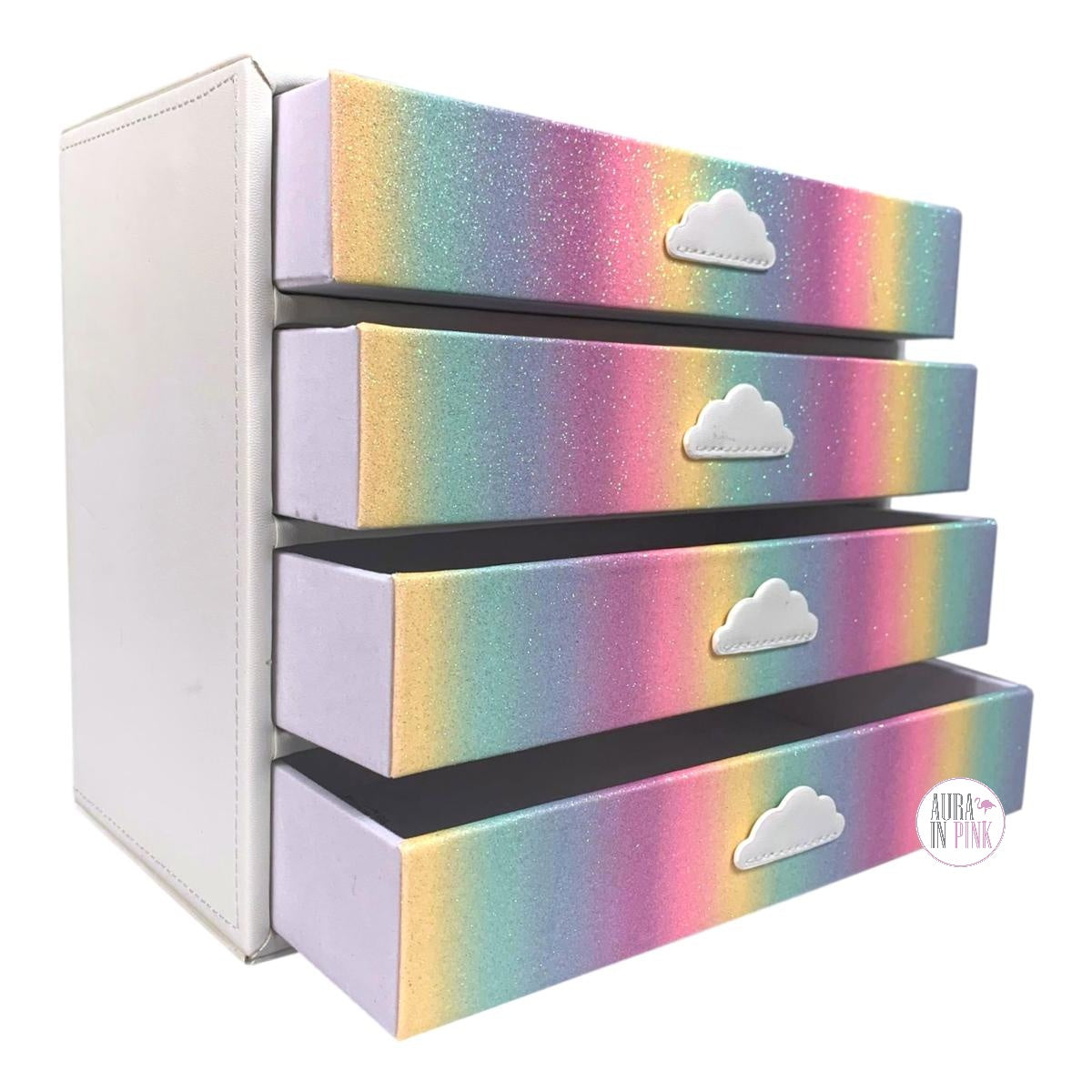 Pastel Rainbow Glitter Faux Leather Four Drawer Jewelry Box w