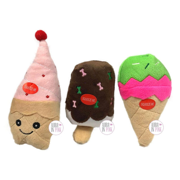 Patchwork Pet Sweet Treats Ice Cream Cones Trio Squeaky Plush Premium Dog Toy Set