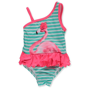 Penelope Mack Neon Pink Flamingo Ruffled Waist Green & White Striped Toddler Girls Bathing Suit