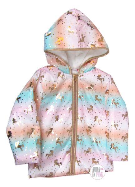 Penelope Mack Pastel Cotton Candy Gold Unicorns Hooded Jacket w