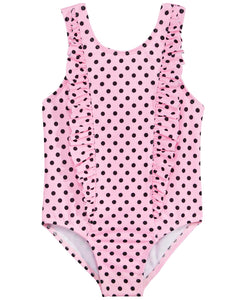 Penelope Mack Classic Pink Polka Dot Ruffled Toddler Bathing Suit - Aura In Pink Inc.