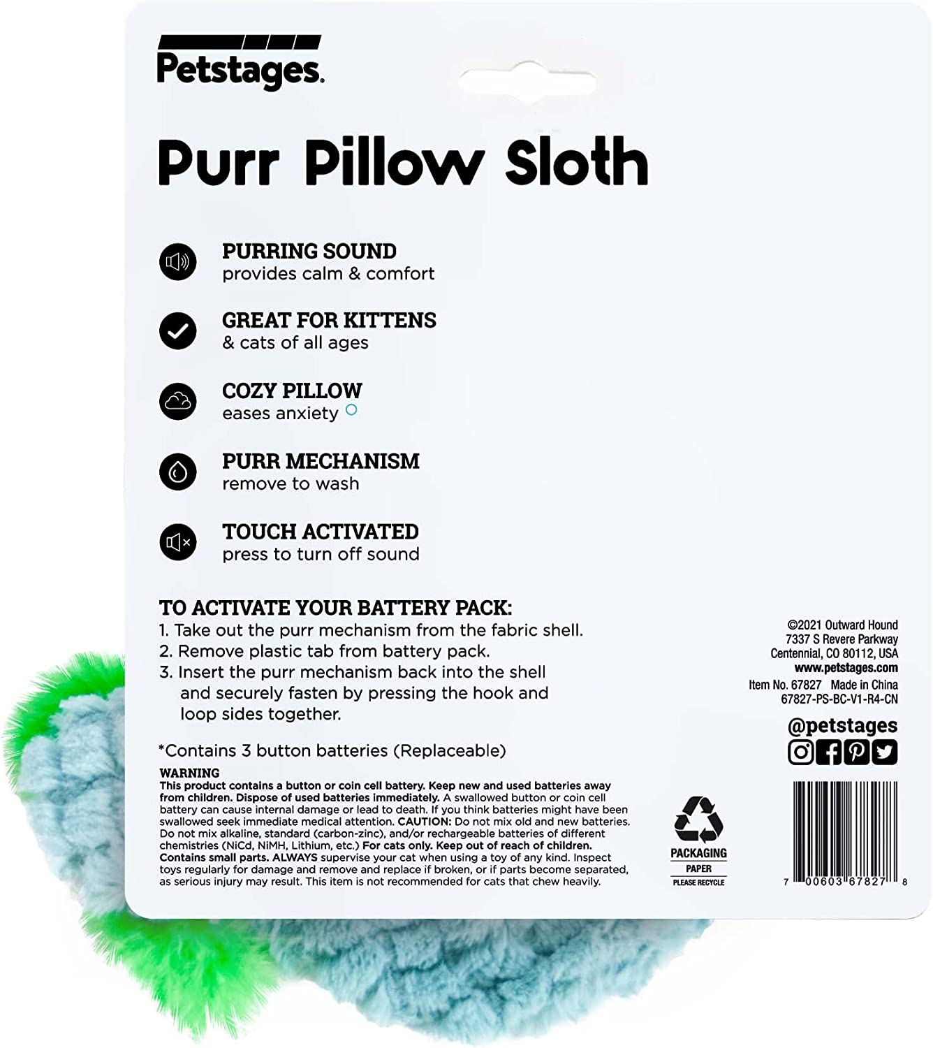 Petstages Purr Pillow Sloth Touch Activated Calm Comfort Purr