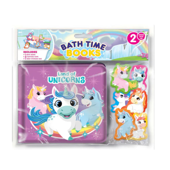 Phidal Bath Time Books Land Of Unicorns w/6 Suction Cup Unicorns & Mesh Storage Bag Set - Aura In Pink Inc.