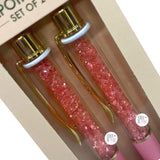 Kugelschreiber-Set mit rosa Kristall-Diamanten und zwei goldenen Akzenten