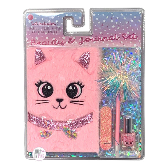 Pink Faux-Fur Glitter Kitty Cat Beauty & Fuzzy Journal Set w/Holographic Tinsel Pom Pen - Aura In Pink Inc.