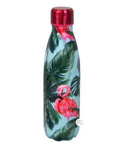 Manna Vogue Pink Flamingo Palm Trees Double-Wall Vacuum Insulated Hot/Cold Stainless Steel Water Bottle - Aura In Pink Inc.