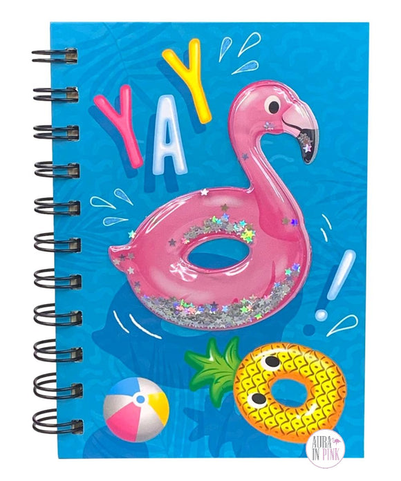 Pink Flamingo Pool Floaty 3D Loose Iridescent Glitter Stars Petite Spiral Notebook