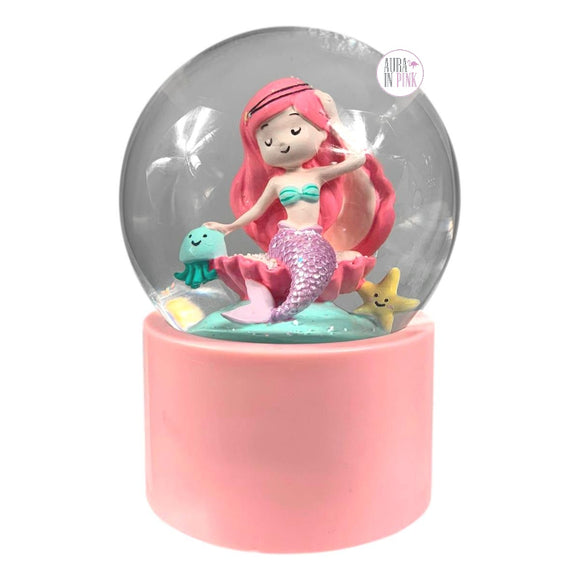 Pink Hair Mermaid On Seashell With Ocean Friends Iridescent Glitter Glass Musical Lullaby Snow Globe w/Pink Base
