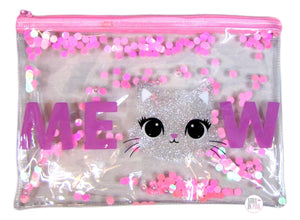 Pink Iridescent Glitter Confetti & Beads Kitty Meow Clear Zip Case - Aura In Pink Inc.