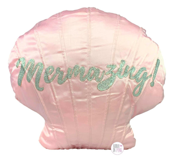 Pink Satin Silver Glitter Mermaid Mermazing Seashell Decorative Throw Pillow Cushion - Aura In Pink Inc.