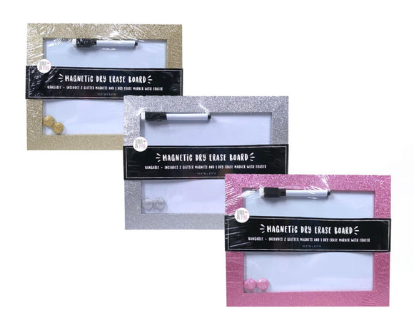 Magnetische, trocken abwischbare Tafeln mit Glitzer in Pink, Silber und Gold mit Markern und Magneten