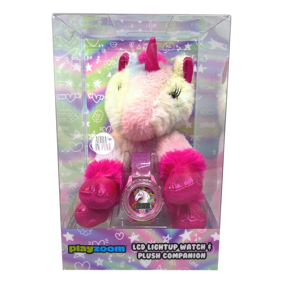 Playzoom Unicorn LCD Light Up Pink Glitter Watch & Cotton Candy Pastel Plush Companion Set