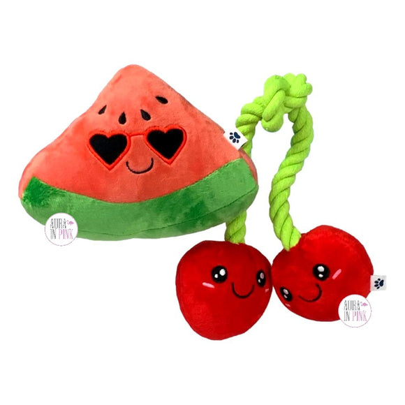 Posh Paws Watermelon Slice & Cherries On A Rope Squeaky Plush Dog Toy Set of 2 - Aura In Pink Inc.