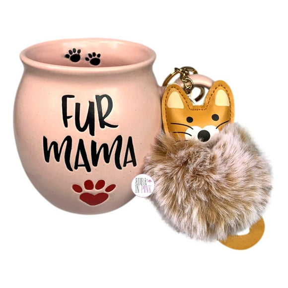 Prima Design Fur Mama – Kaffeetasse aus Keramik mit Pfotenabdruck und Schlüsselanhänger-Set mit Katzenclip und karamellfarbenem Pom-Pom-Anhänger