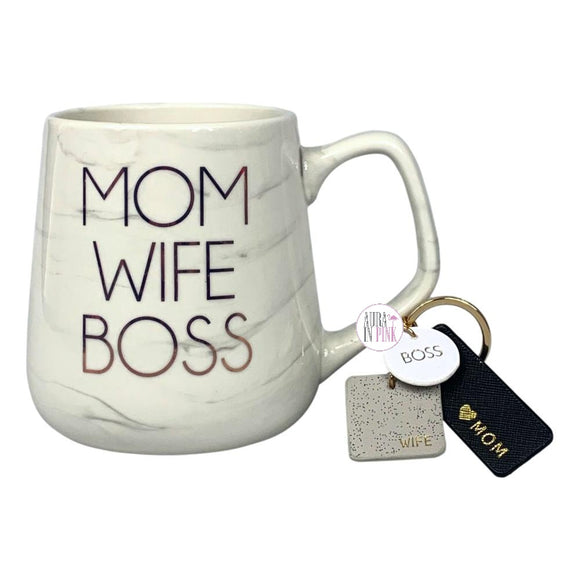 Prima Design Ivory Grey Marbled Gold Mom Wife Boss Ceramic Coffee Mug & Trio Leatherette Clip Keychain Set - Aura In Pink Inc.