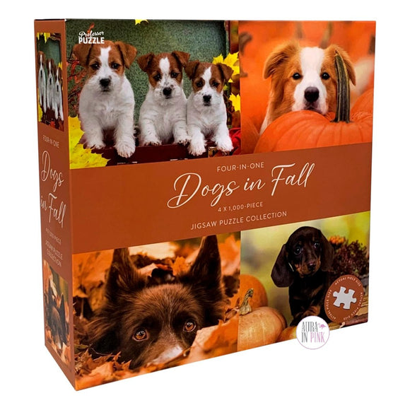 Professor Puzzle 4-in-1 Dogs In Fall Leaves Pumpkin Autumn 4 x 1000 Piece Jigsaw Puzzle Collection - Aura In Pink Inc.