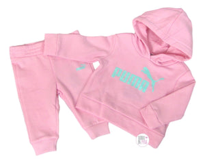 Puma Bubblegum Pink & Aqua Sparkle Cotton Fleece 2-Pc Jogging Suit w/Hoodie Set - Aura In Pink Inc.