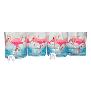 Queenwest Trading Pink Flamingo Clear Blue Outdoor Drinkware Sets of 4 - 2 Sizes Available