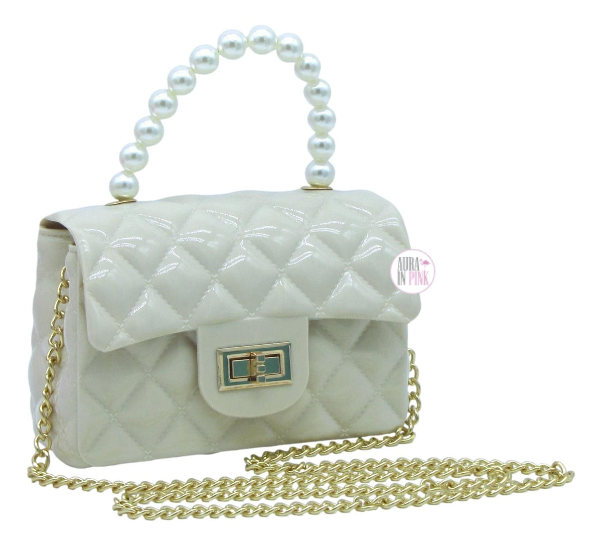 Classic Jumbo Pearl Handle Quilted Jelly Handbags w/Golden Chain Strap -  Pink/Turquoise/Ivory