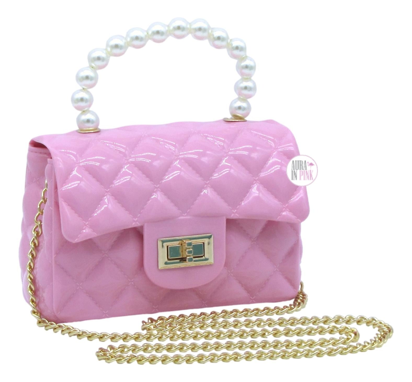 Classic Jumbo Pearl Handle Quilted Jelly Handbags w/Golden Chain