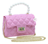 Classic Jumbo Pearl Handle Quilted Jelly Handbags w/Golden Chain Strap - Pink/Turquoise/Ivory - Aura In Pink Inc.