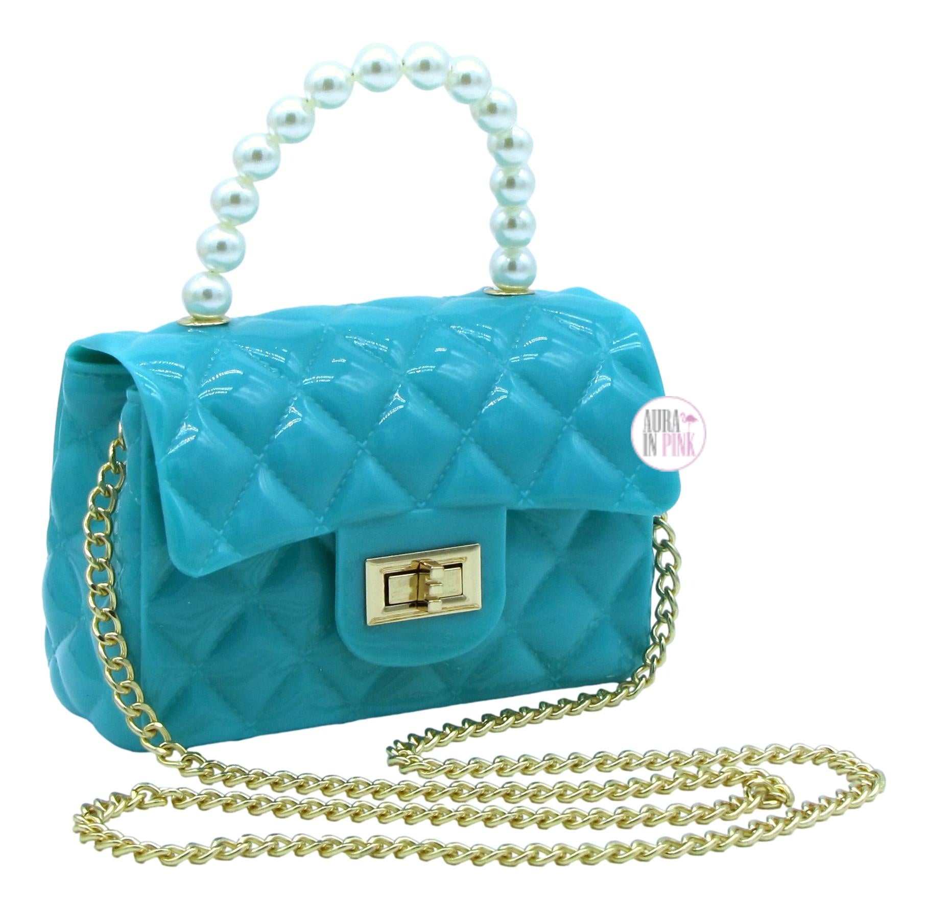 Classic Jumbo Pearl Handle Quilted Jelly Handbags w Golden Chain Strap Aura In Pink Inc