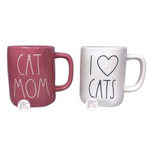 Rae Dunn Artisan Collection by Magenta Cat Mom & I Heart Cats Gloss Pink & Ivory Ceramic Coffee Mug Set of 2
