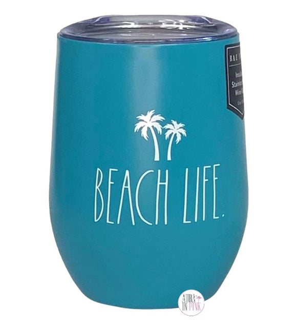 Rae Dunn Beach Life Palm Trees Aqua Blue Insulated Stainless Steel Wine Tumbler w/Lid - Aura In Pink Inc.