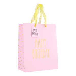 Rae Dunn By OCS Designs Pink Happy Birthday w/Gold Foil Polka Dot Sides Gift Bags - Assorted Sizes - Aura In Pink Inc.