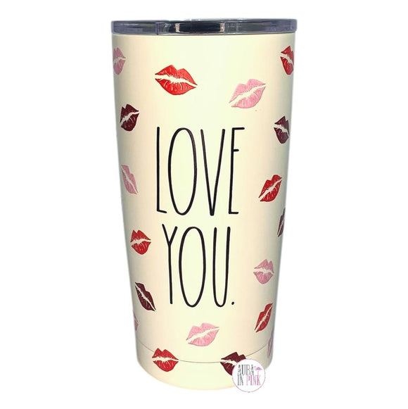 Rae Dunn Love You Kisses Lipstick Prints Ivory Insulated Stainless Steel Tumbler w/Lid