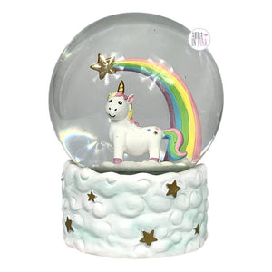 Rainbow Star Unicorn On Clouds Iridescent Glitter Glass Musical Snow Globe w/Clouds Base - Somewhere Over The Rainbow - Aura In Pink Inc.