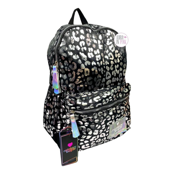 Rainbow Sugar Rucksack mit Leopardenmuster in Schwarz und Metallic-Silber