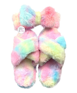 Rainbow Sugar Girls Cotton Candy Pastel Faux Fur Crossover Slippers & Bow Headwrap Set Size M 12-13