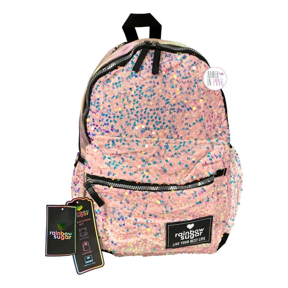 Rainbow Sugar schillernder Rucksack in Pink/Lila mit Metallic- und Pailletten-Optik, mit passendem isolierten, aufrollbaren Lunchsack und Federmäppchen, 3er-Set