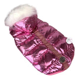 Royal Animals Metallic Pink & Chrome Silver Dog Puffer Coats w/Faux Fur Hood Trim