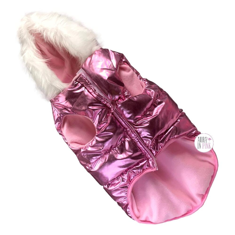 Royal Animals Metallic Pink Chrome Silver Dog Puffer Coats w/Faux Fur  Hood Trim