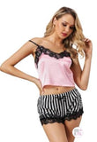 Gorgeous Lace Trim Pink Satin Tank Top & Striped Shorts Sleepwear Set - Aura In Pink Inc.