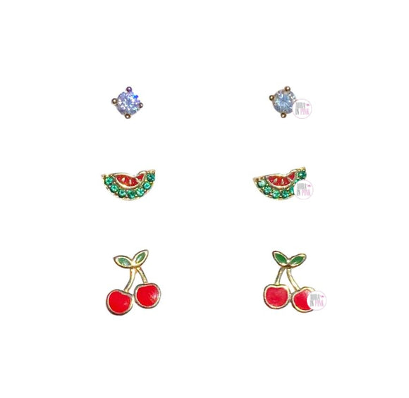 Sterling Silver Stella Picciotto Verona Gold Plated Enamel CZ Watermelon Slices & Cherries Stud Earrings Trio Set - Aura In Pink Inc.