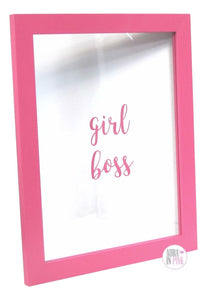 Sixtrees Girl Boss Hot Pink Scripted Font Framed Clear Glass Wall Art - Aura In Pink Inc.
