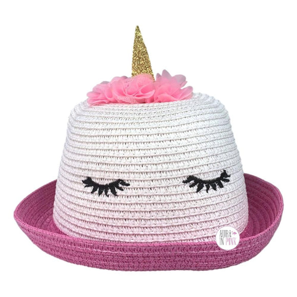 Sleepy Eyelashes Unicorn Pink & White Floral Girl's Woven Straw Sun Hat