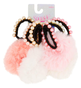 Sparkle My Universe Pastel Faux Fur Pom Pom & Pearls Hair Ties 8-Pc Set - Aura In Pink Inc.