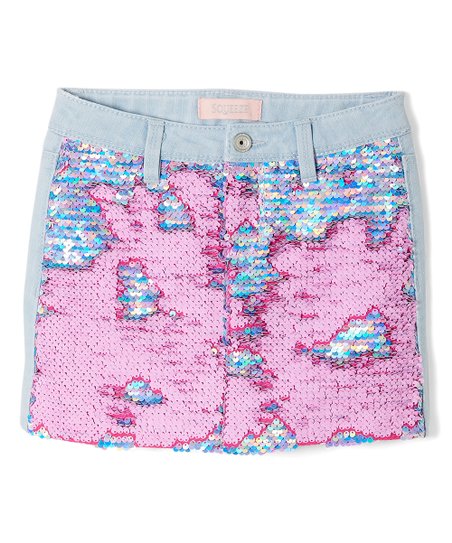 Squeeze Girls Cotton Candy Pastel & Pink Lisa Flip Sequin Jean Skirt - Aura In Pink Inc.