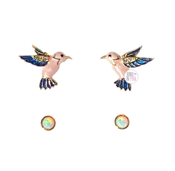 Sterling Silver Gold Plated CZ Pink & Blue Enamel Delora Hummingbird & Opal Stud Earring Set - Aura In Pink Inc.