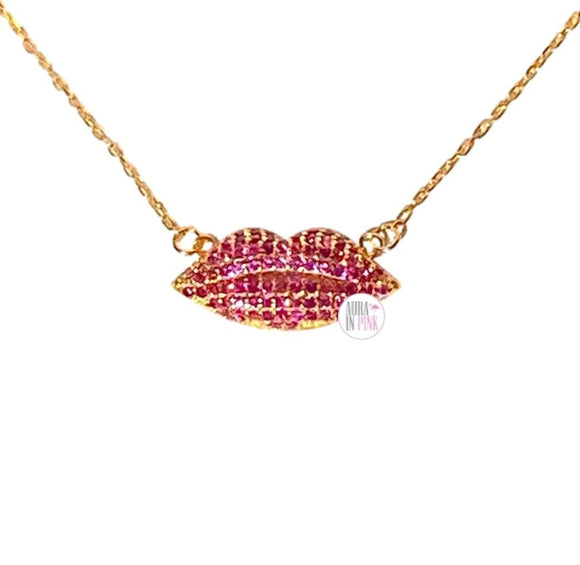 Sterling Silver Gold Plated Rachel Zoe Dark Pink Lips CZ Pendant Necklace - Aura In Pink Inc.