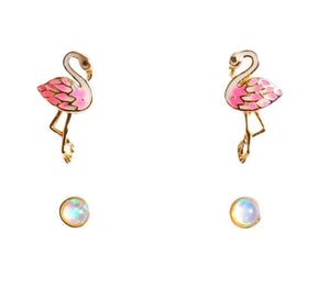 Sterling Silver Rose Gold Plated Pink Enamel Flamingo & Sunset Pink Opal Stud Earring Set - Aura In Pink Inc.