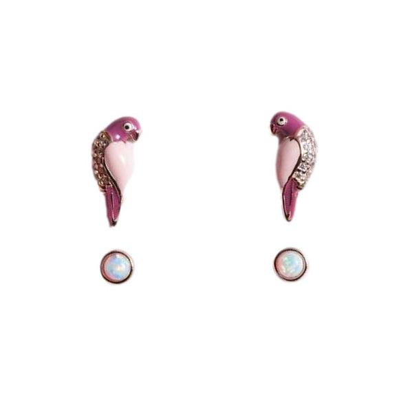 Sterling Silver Rose Gold Plated Pink & Plum Enamel Layla Love Birds & Opal Stud Earring Set - Aura In Pink Inc.