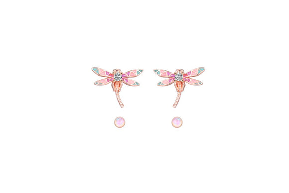 Sterling Silver Rose Gold Plated CZ Rainbow Enamel Pistachio Berry Dragonfly & Sunset Pink Opal Stud Earring Set - Aura In Pink Inc.