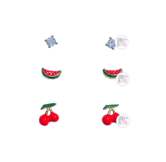 Sterling Silver Stella Picciotto Verona CZ, Enamel Watermelon Slices & Cherries Stud Earrings Trio Set - Aura In Pink Inc.