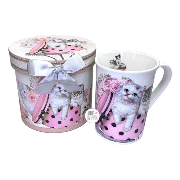 Summer River Fancy Cats Tasse aus feinem Knochenporzellan und passende Grafik, rund, Geschenkbox-Set