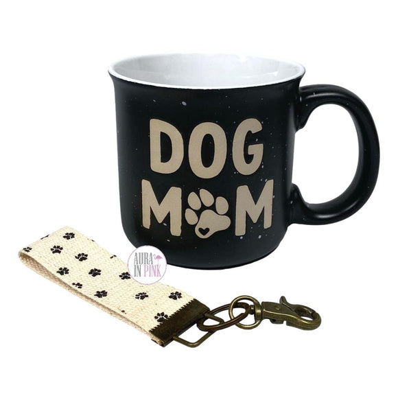 Sunday Morning Ceramics Dog Mom Black Speckled Large Ceramic Coffee Mug & Paw Print Canvas Keychain Gift Set